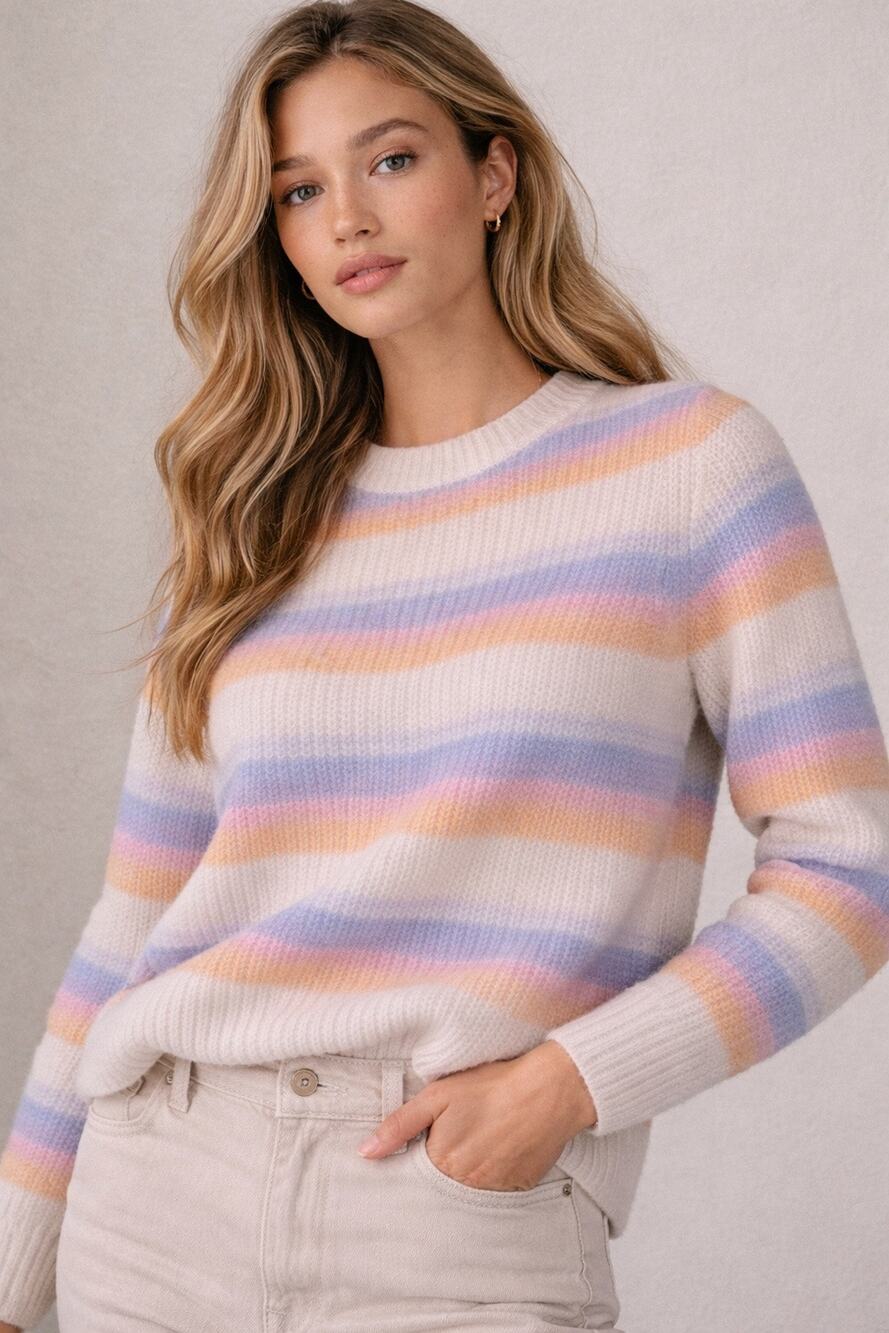 White + Warren 100% Cashmere Striped Crewneck Sweater Pastel Quiet Luxury Knit S